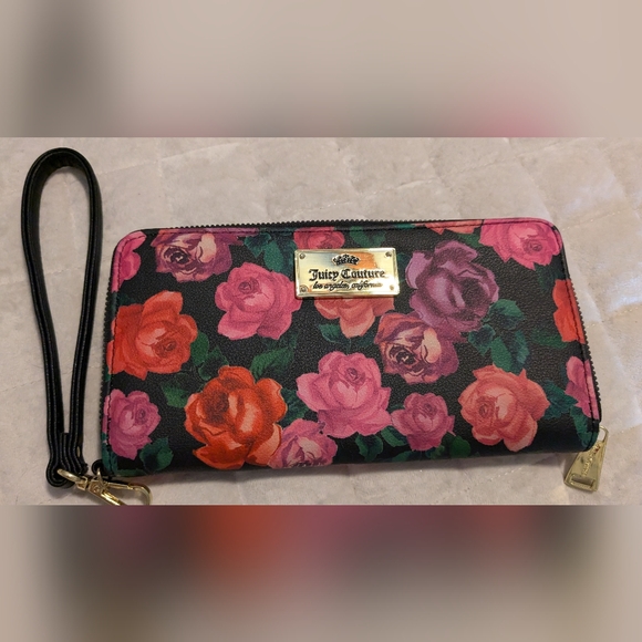 Juicy Couture Handbags - JUICY COUTURE Wallet- Wristlet Zip Around Black-Rose Print Single Zip Large New